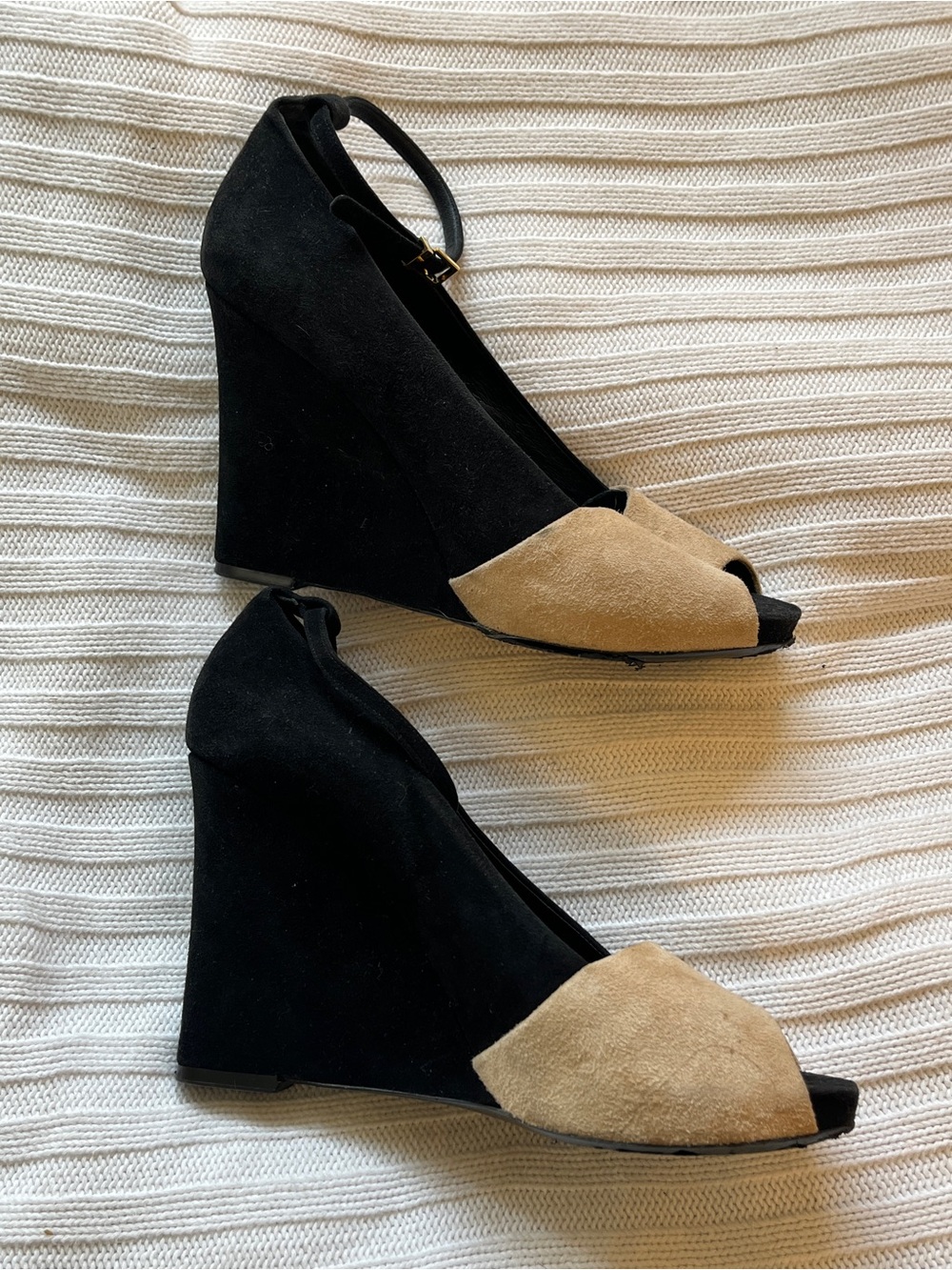 Celine Women’s Two-Tone Suede Peep Toe Wedge Heels - Black & Taupe